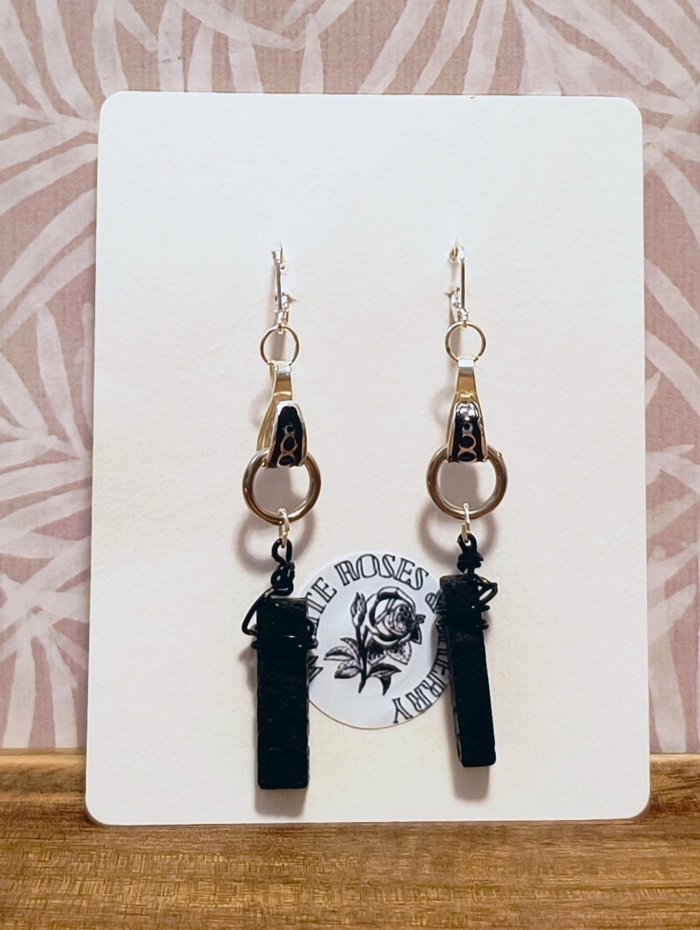 White Roses & Sherry | Sterling Silver Plated Lava Stone Bar Earrings